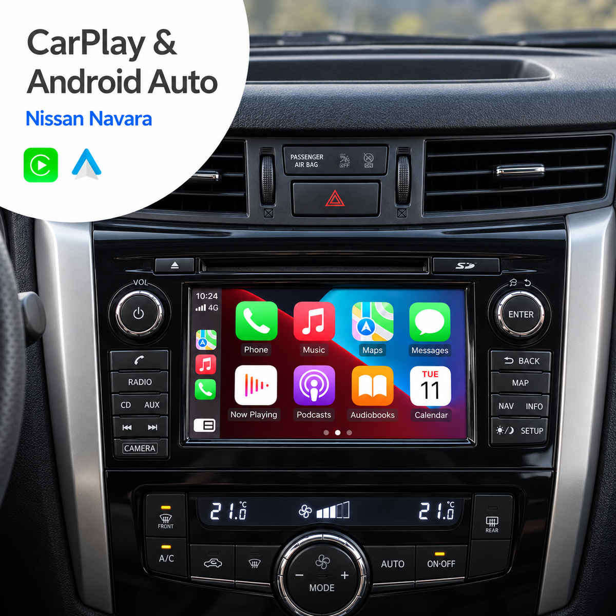 Gegenereerde productillustratie: CarPlay op het Nissan Navara SD-radiofront.